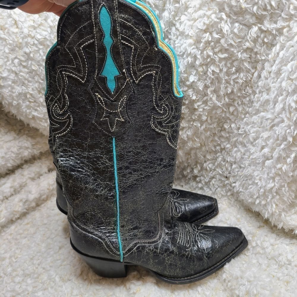 J.B. Dillon Womens Distressed Crackled Black and Turquoise Western Boots‎